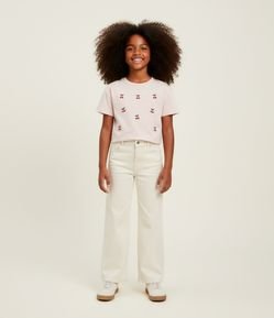 Camiseta Infantil Boxy com Bordados de Cerejas – Tam 5 a 14 Anos