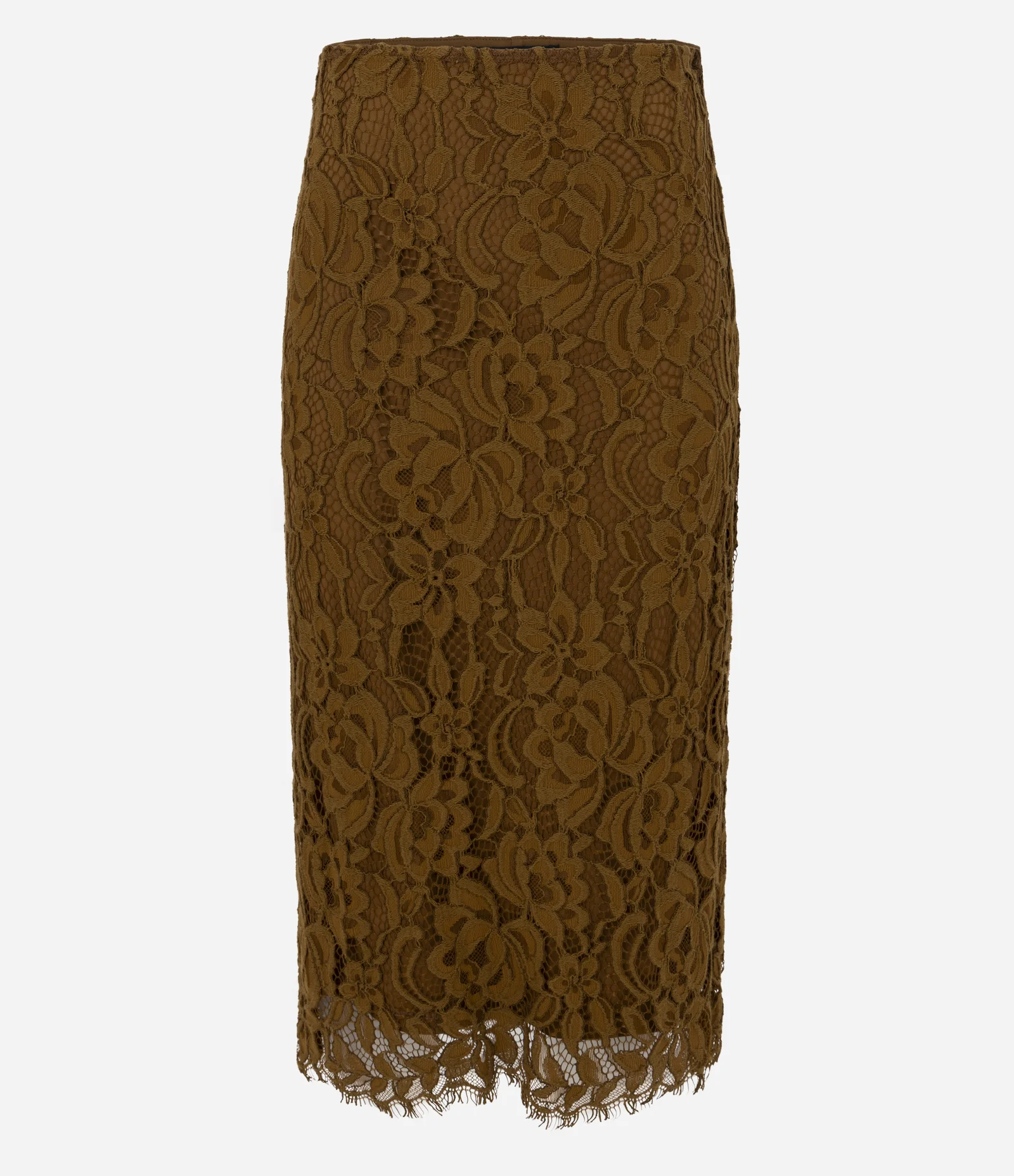 Saia Midi em Renda com Textura Floral e Fenda Marrom 1