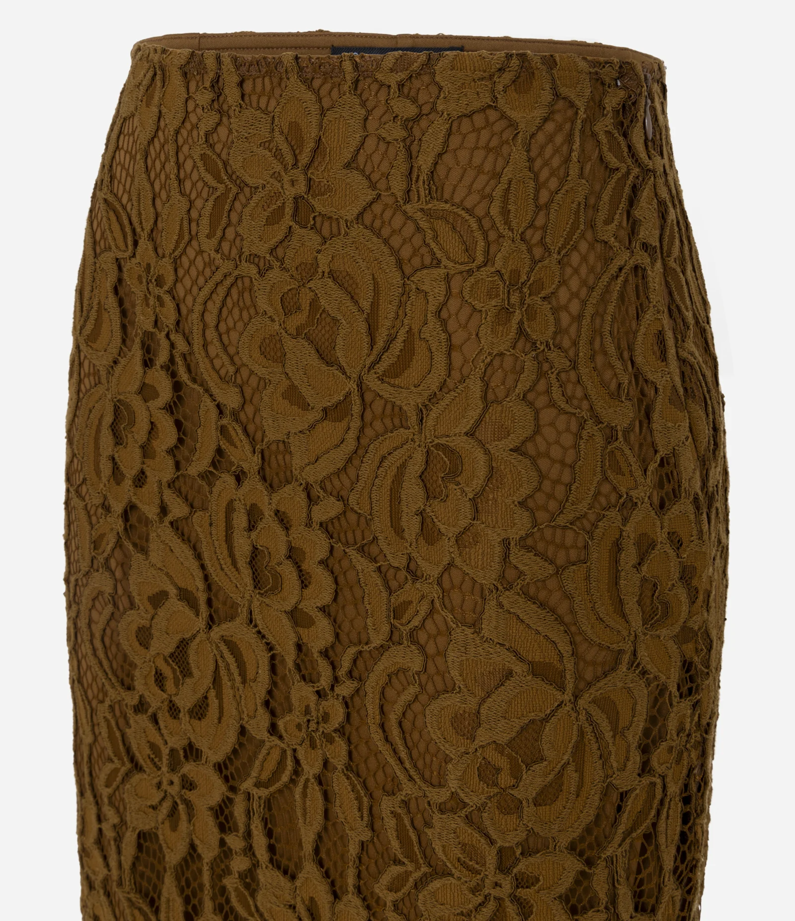 Saia Midi em Renda com Textura Floral e Fenda Marrom 2