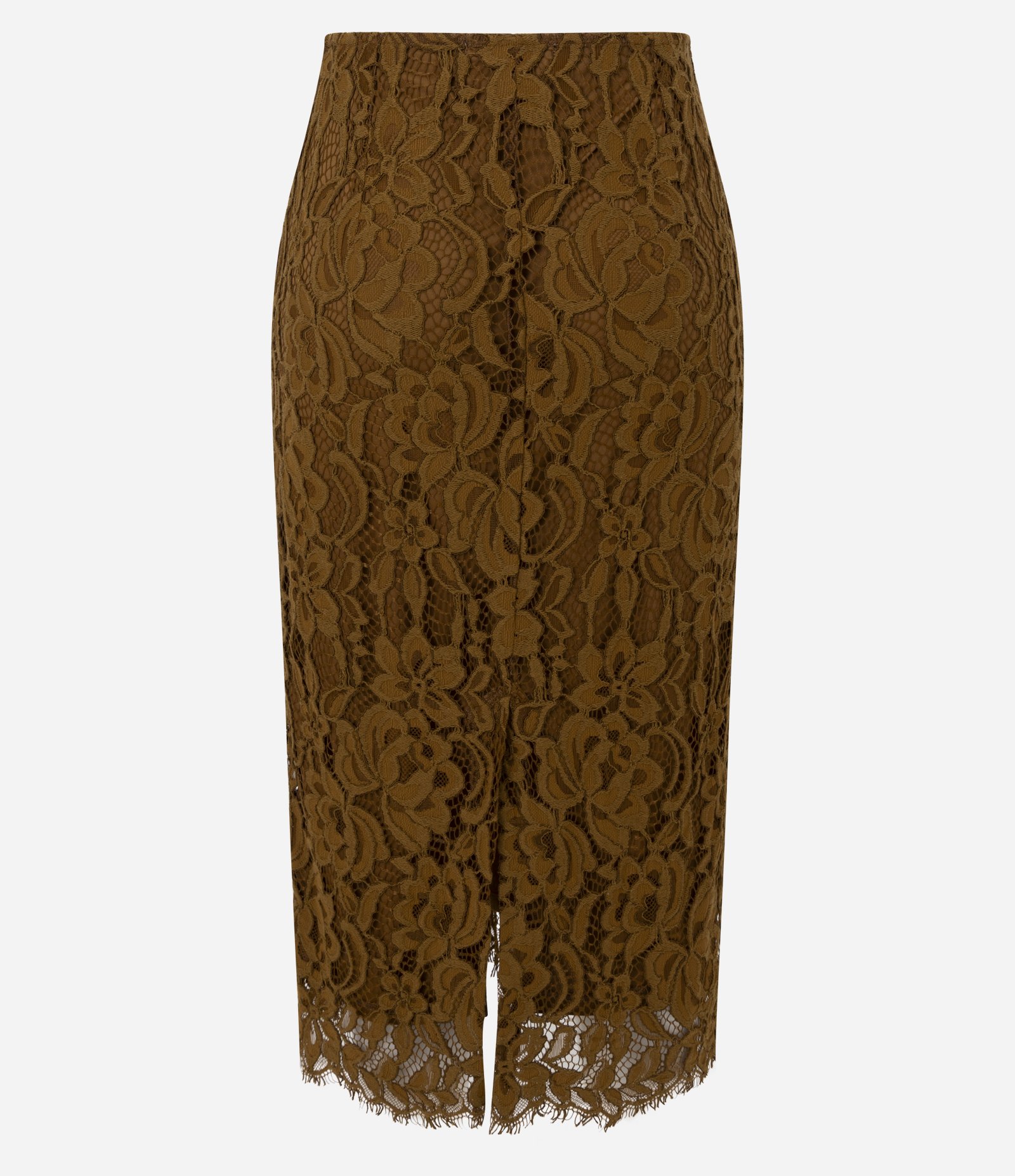 Saia Midi em Renda com Textura Floral e Fenda Marrom 3