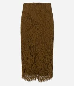 Saia Midi em Renda com Textura Floral e Fenda