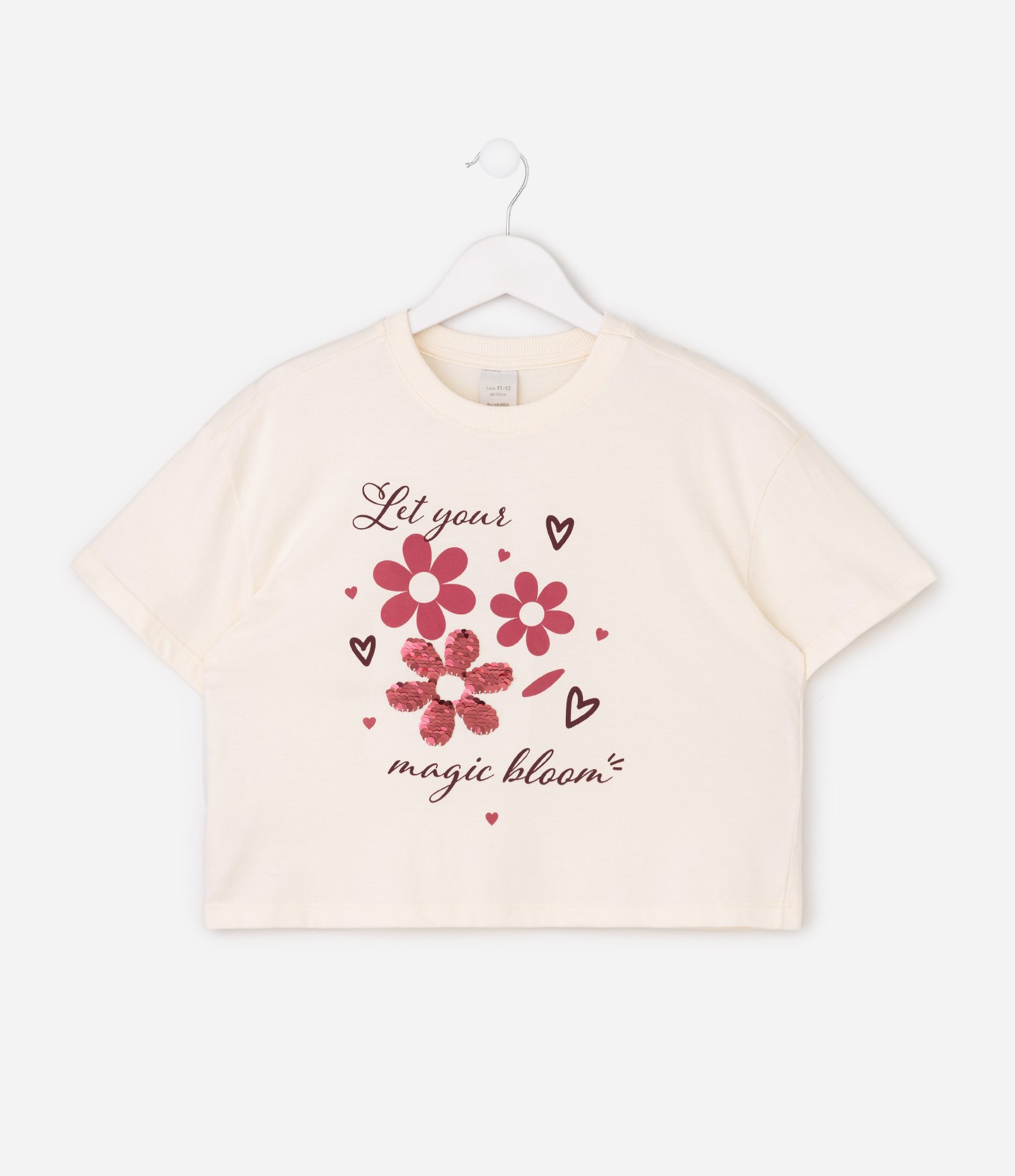 Camiseta Infantil Boxy com Flores e Paetês - Tam 5 a 16 Anos Bege 1
