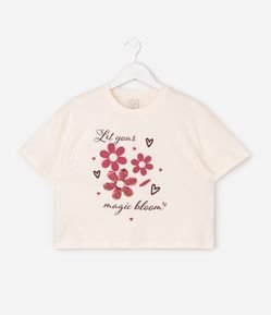 Camiseta Infantil Boxy com Flores e Paetês - Tam 5 a 16 Anos