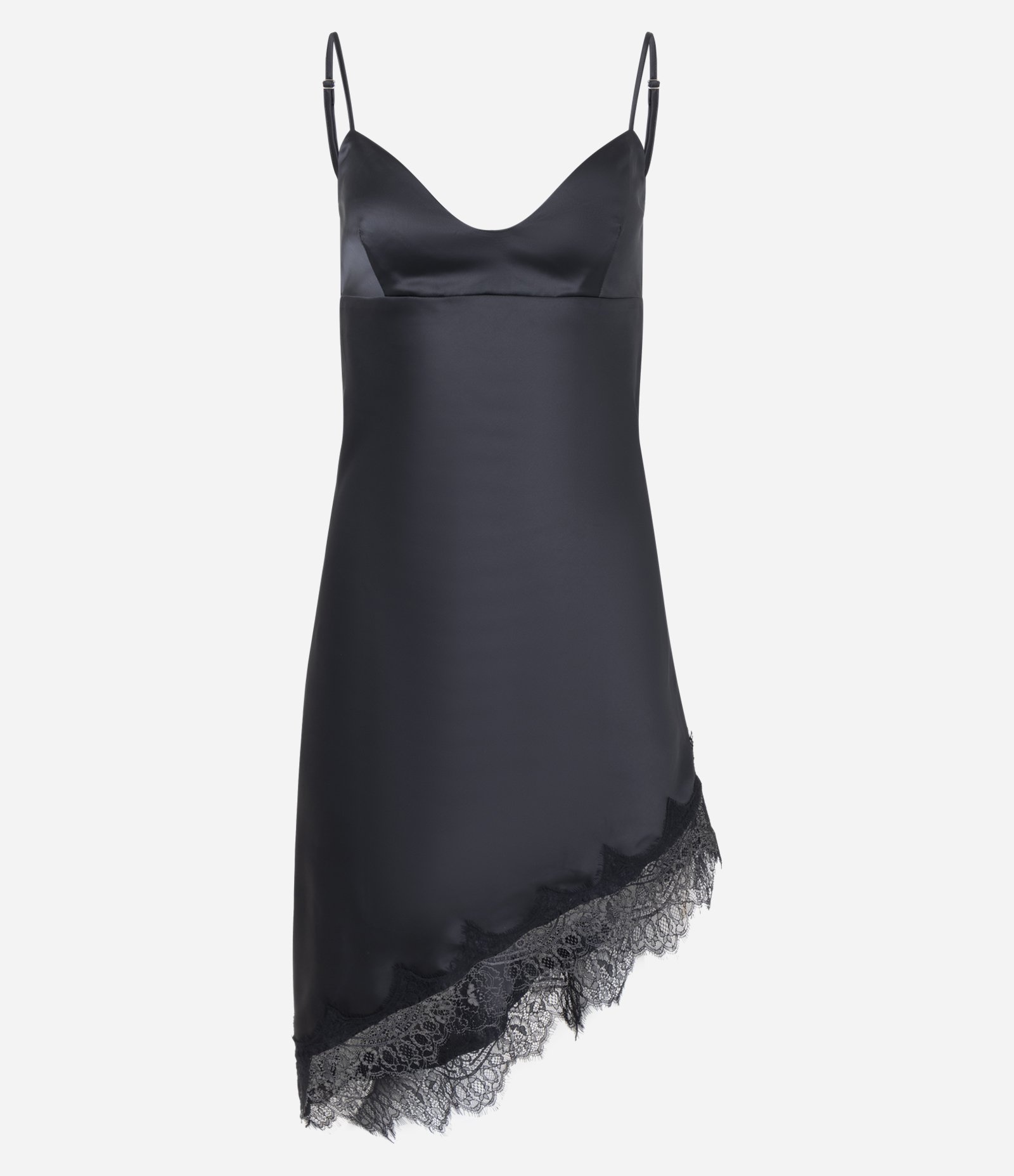 Vestido Midi em Cetim com Renda e Barra Assimétrica Preto 5