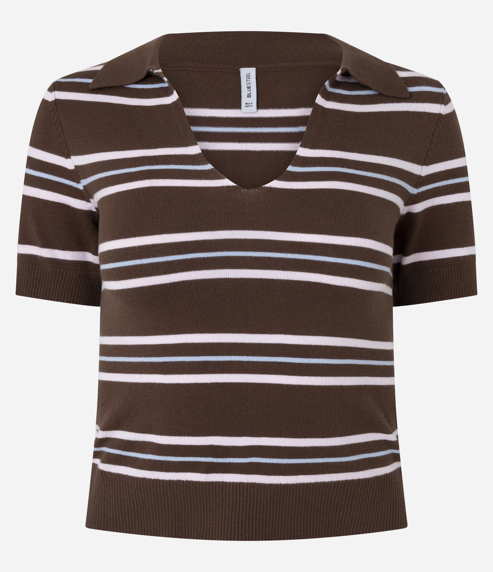 Blusa Polo em Tricô Leve com Decote V e Listras Marrom 1