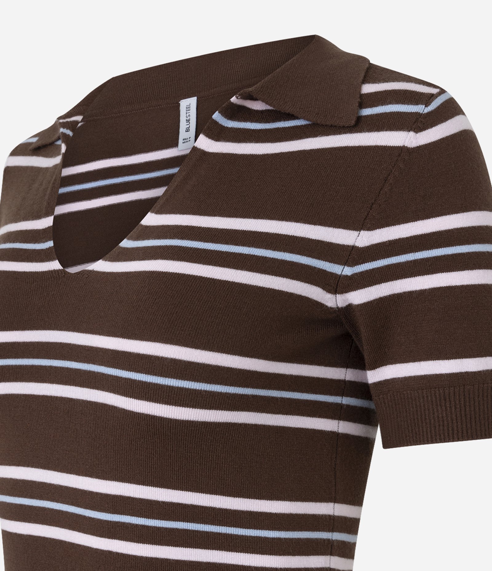 Blusa Polo em Tricô Leve com Decote V e Listras Marrom 2