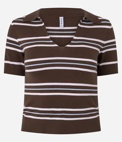 Blusa Polo em Tricô Leve com Decote V e Listras