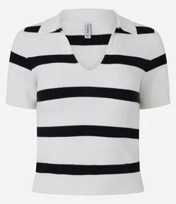 Blusa Polo em Tricô Leve com Decote V e Listras