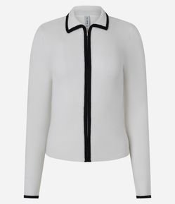 Blusa Gola Polo em Tricô Texturizado com Zíper Frontal Contrastante