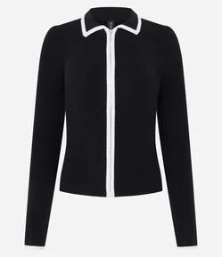 Blusa Gola Polo em Tricô Texturizado com Zíper Frontal Contrastante