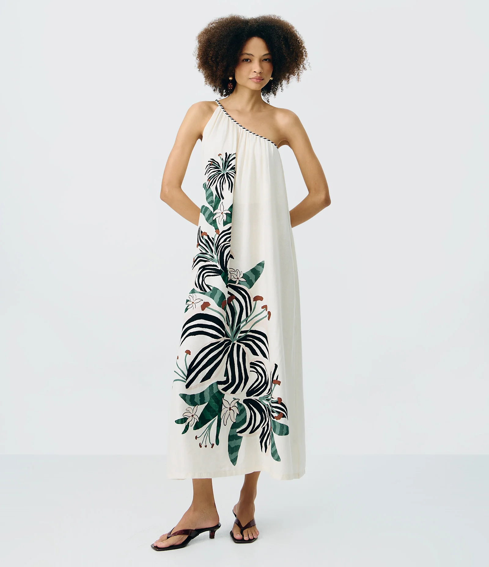 Vestido Longo Ombro Único em Viscolinho com Estampa Floral Branco 1