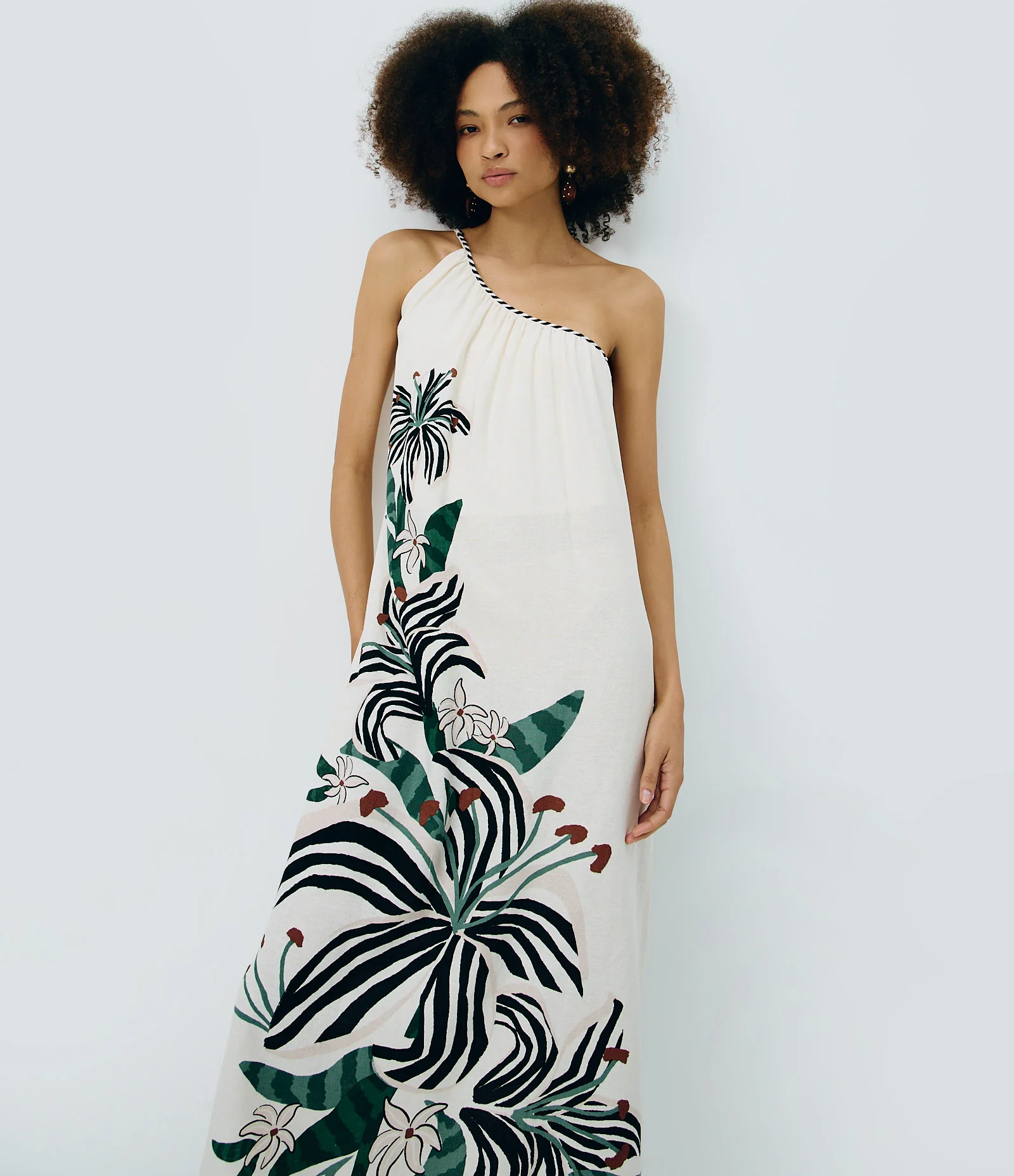 Vestido Longo Ombro Único em Viscolinho com Estampa Floral Branco 2