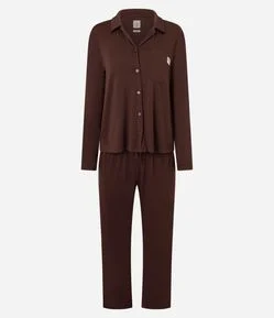 Pijama Longo Americano em Modal com Bolso Frontal e Pech Touch