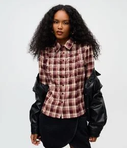 Camisa Xadrez em Tricoline com Bordado de Miçangas