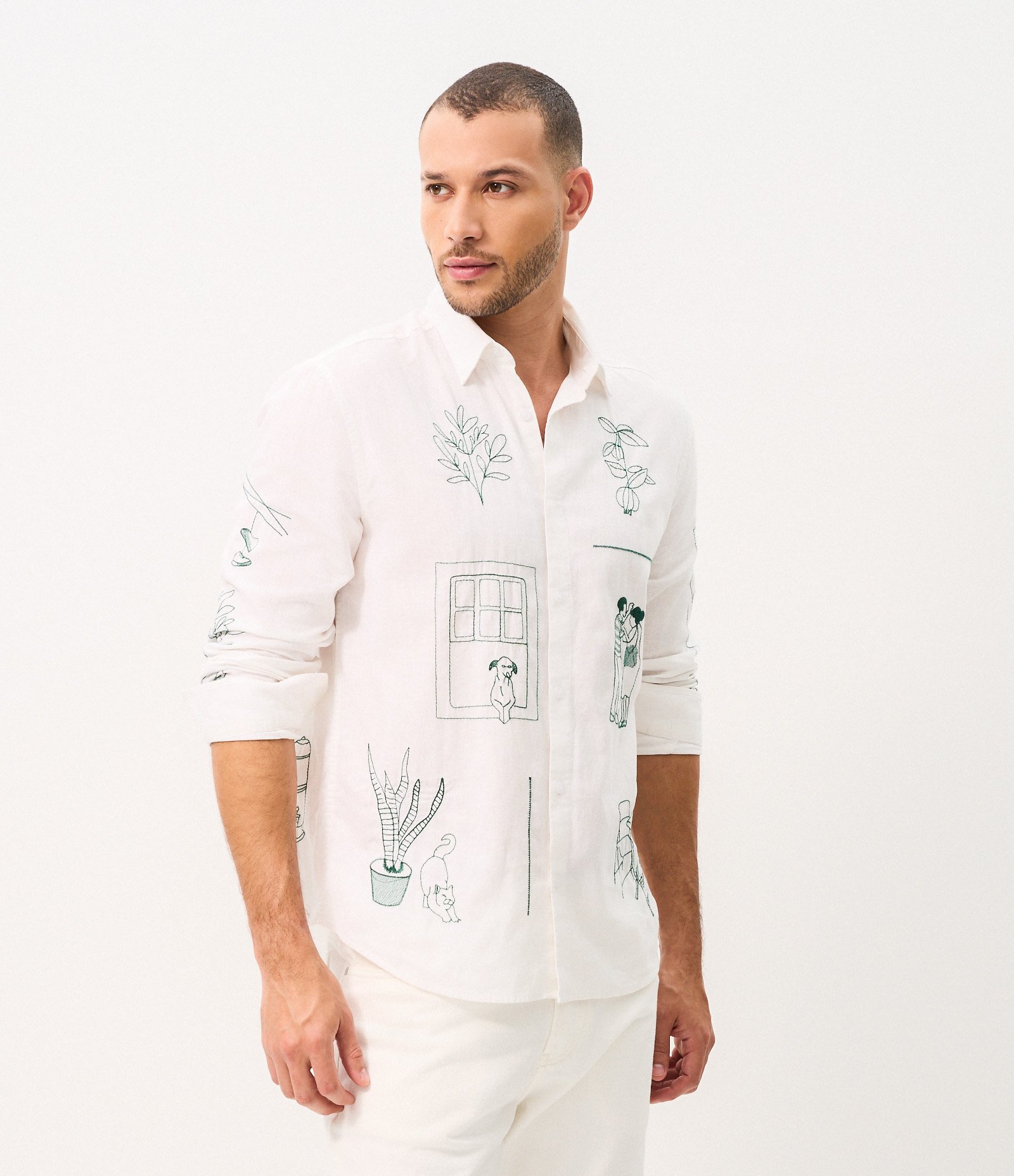 Camisa Linho Bordada Patchwork Mesa de Bar Branco 1