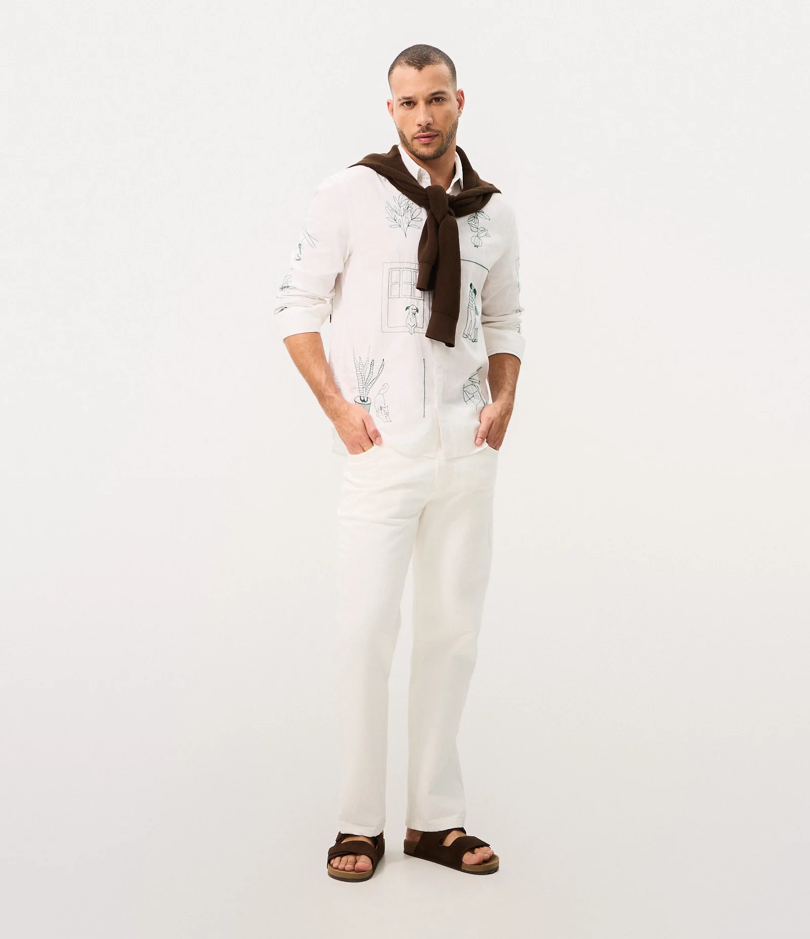 Camisa Linho Bordada Patchwork Mesa de Bar Branco 2