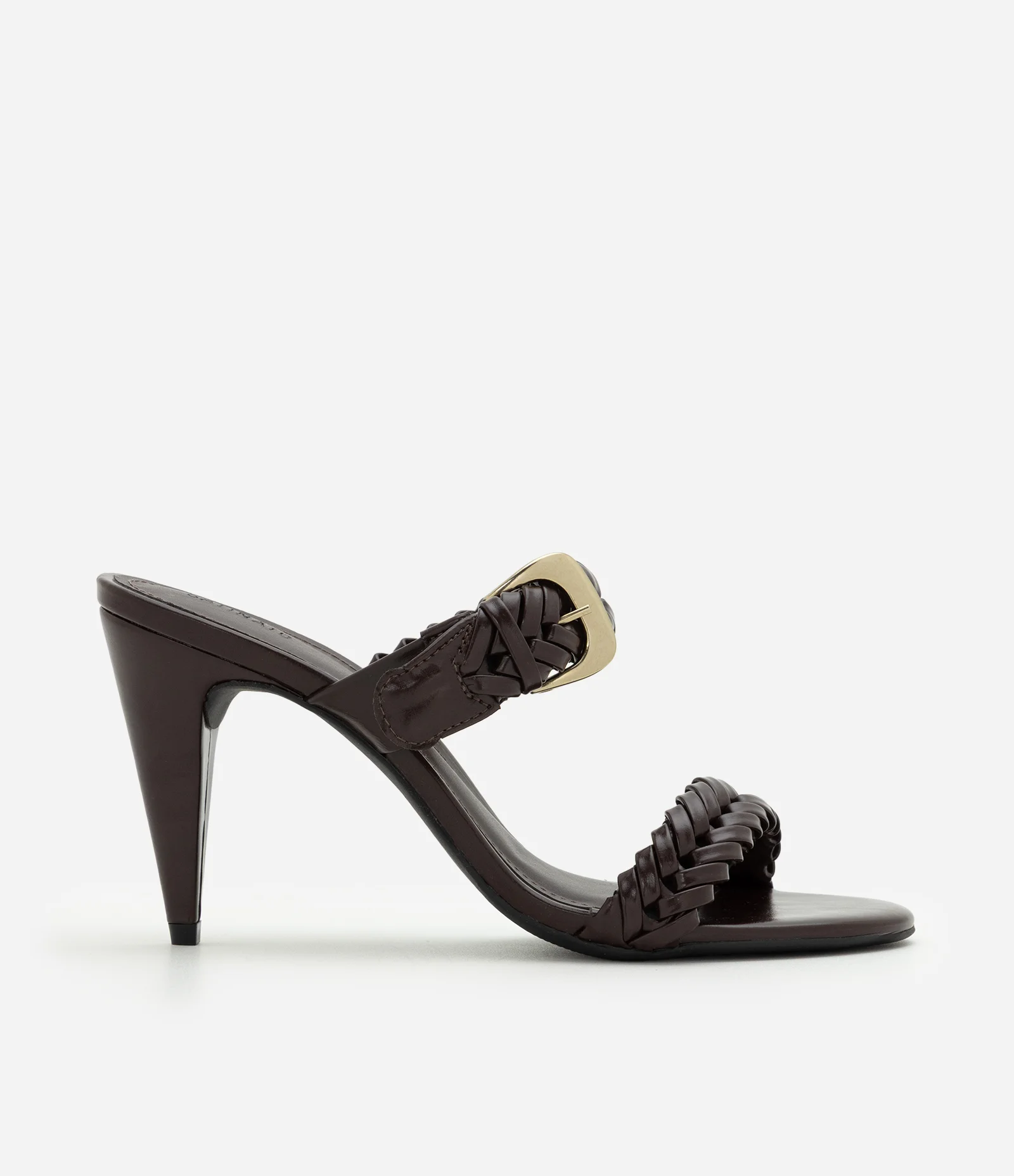 Sandália Mule em PU com Tiras Trançadas e Salto Cone Marrom 1