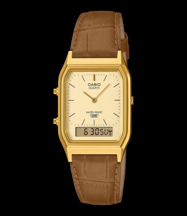 Relógio Anadigi Casio Pulseira de Couro com Caixa em Resina AQ 230EGL 9A