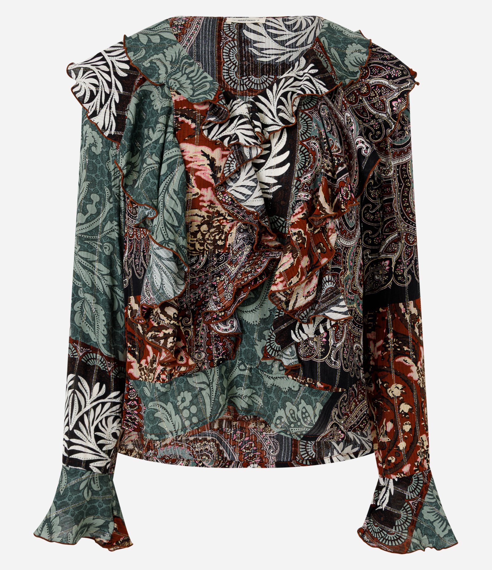 Blusa Bata Paisley em Viscose com Babados e Entremeios Multicores 1