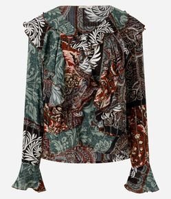 Blusa Bata Paisley em Viscose com Babados e Entremeios