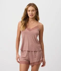Short Doll com Estampa Listrada e Renda