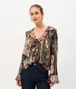 Blusa Bata Estampada em Viscose com Babados