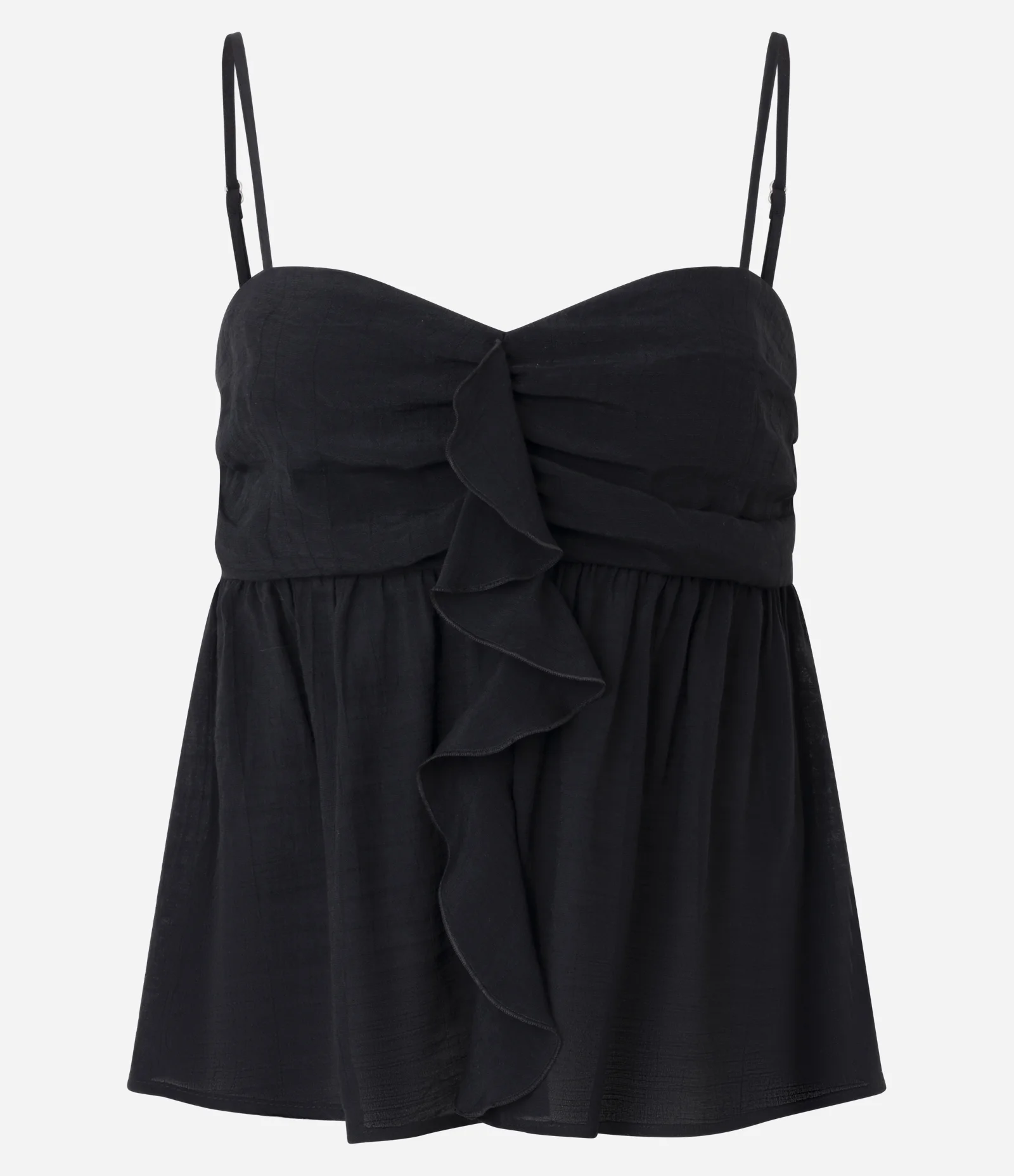 Blusa Bata em Crepe com Busto Franzido e Babado Frontal Preto 1