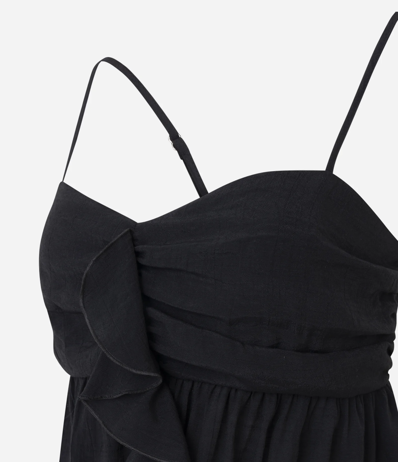 Blusa Bata em Crepe com Busto Franzido e Babado Frontal Preto 2