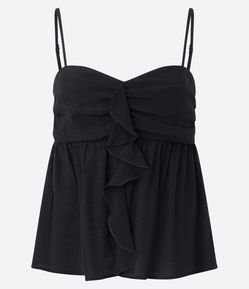 Blusa Bata em Crepe com Busto Franzido e Babado Frontal