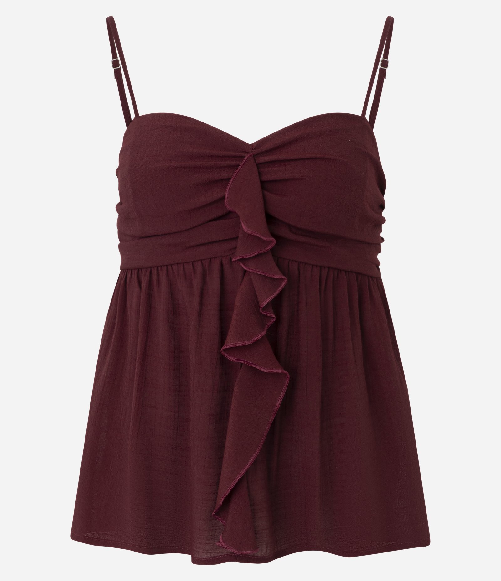 Blusa Bata em Crepe com Busto Franzido e Babado Frontal Vinho 1