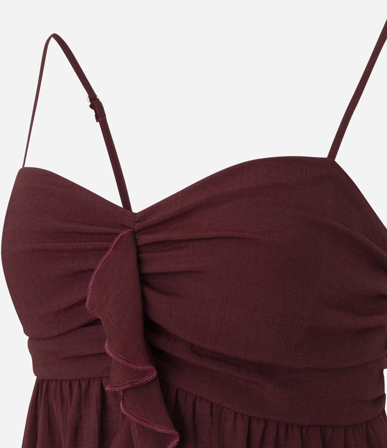 Blusa Bata em Crepe com Busto Franzido e Babado Frontal Vinho 2