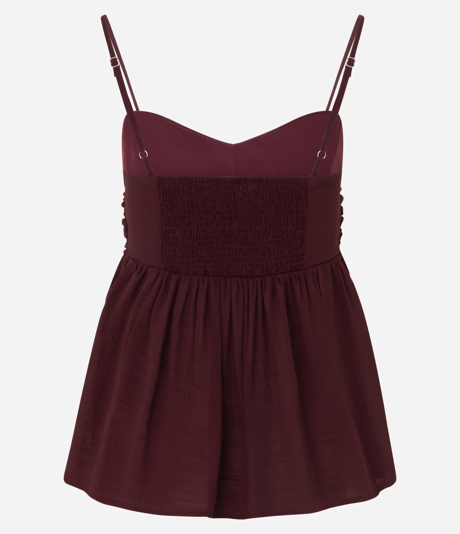 Blusa Bata em Crepe com Busto Franzido e Babado Frontal Vinho 3