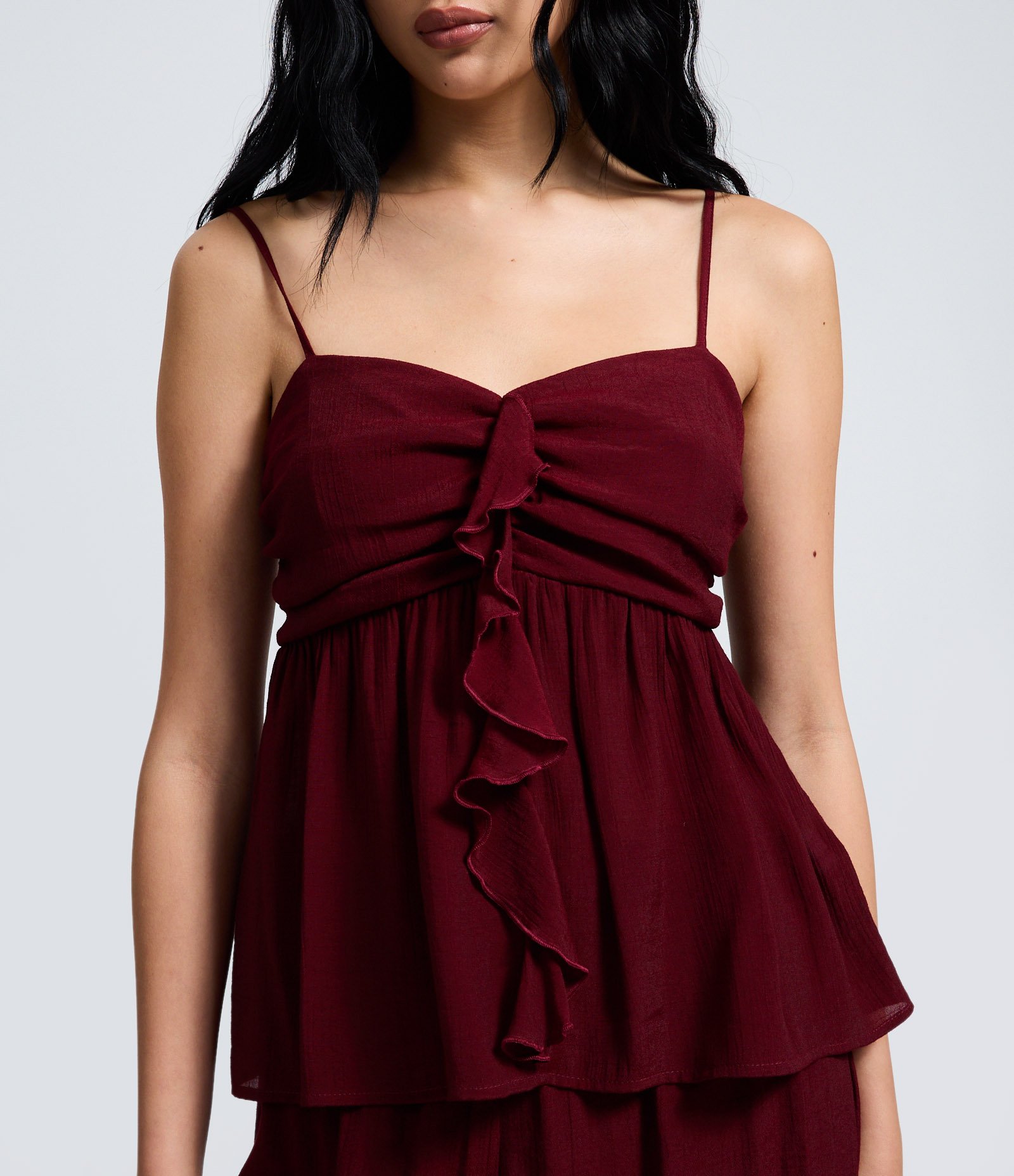 Blusa Bata em Crepe com Busto Franzido e Babado Frontal Vinho 3