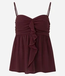 Blusa Bata em Crepe com Busto Franzido e Babado Frontal