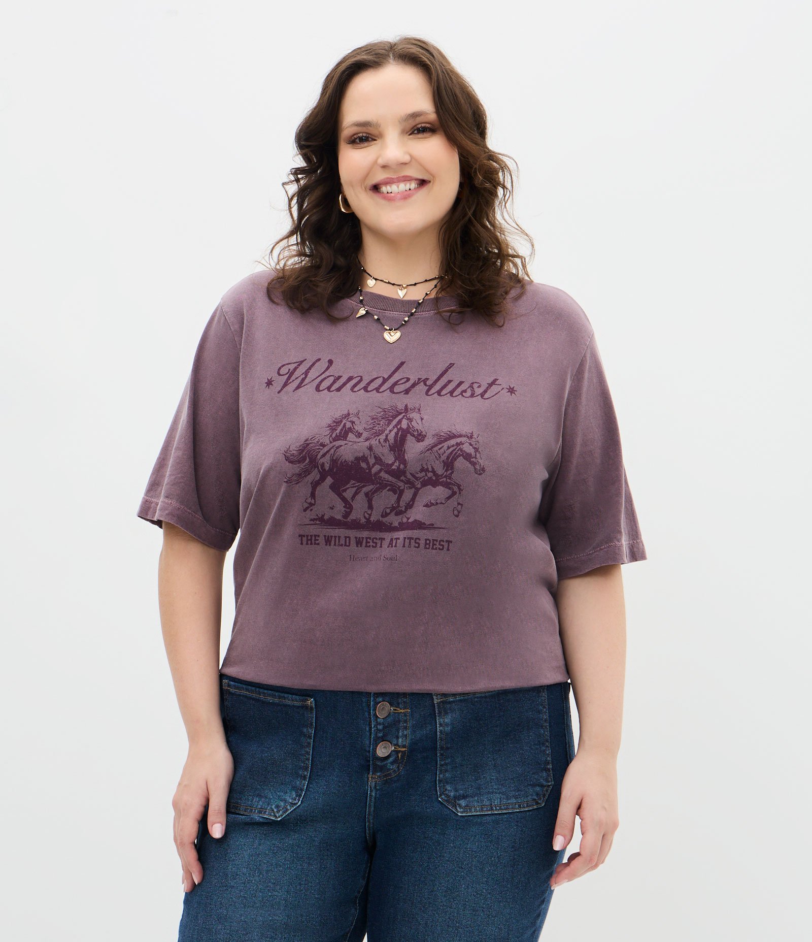 Camiseta Alongada com Estampa e Estonada Curve & Plus Size Roxo 1