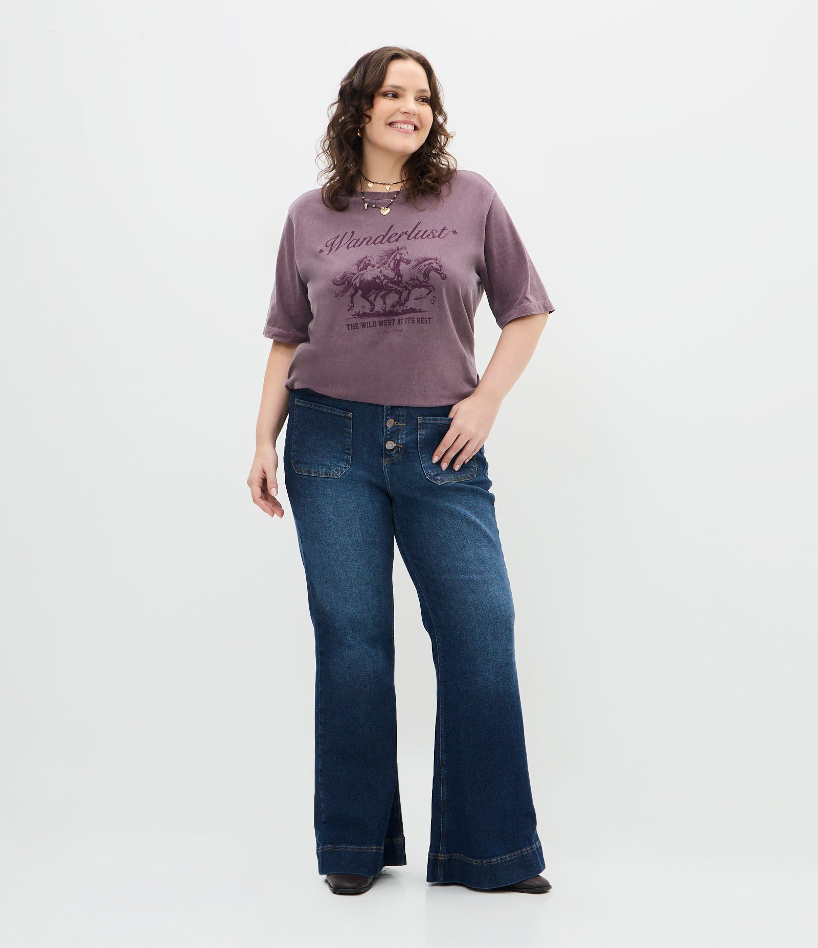 Camiseta Alongada com Estampa e Estonada Curve & Plus Size Roxo 2