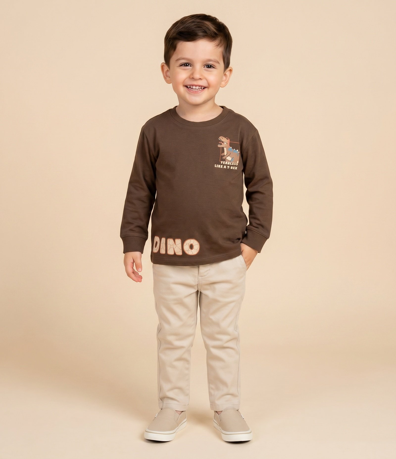 Camiseta Infantil com Estampa Dinossauro – Tam 1 a 6 Anos Marrom 1