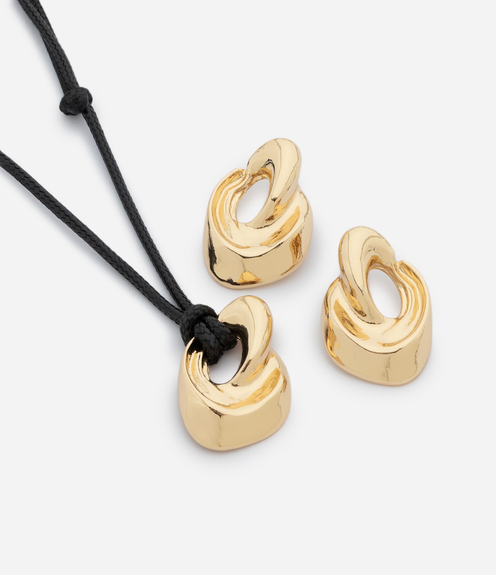 Conjunto de Colar com Corda Ajustável e Brincos com Pingente Orgânico Preto/Dourado 2