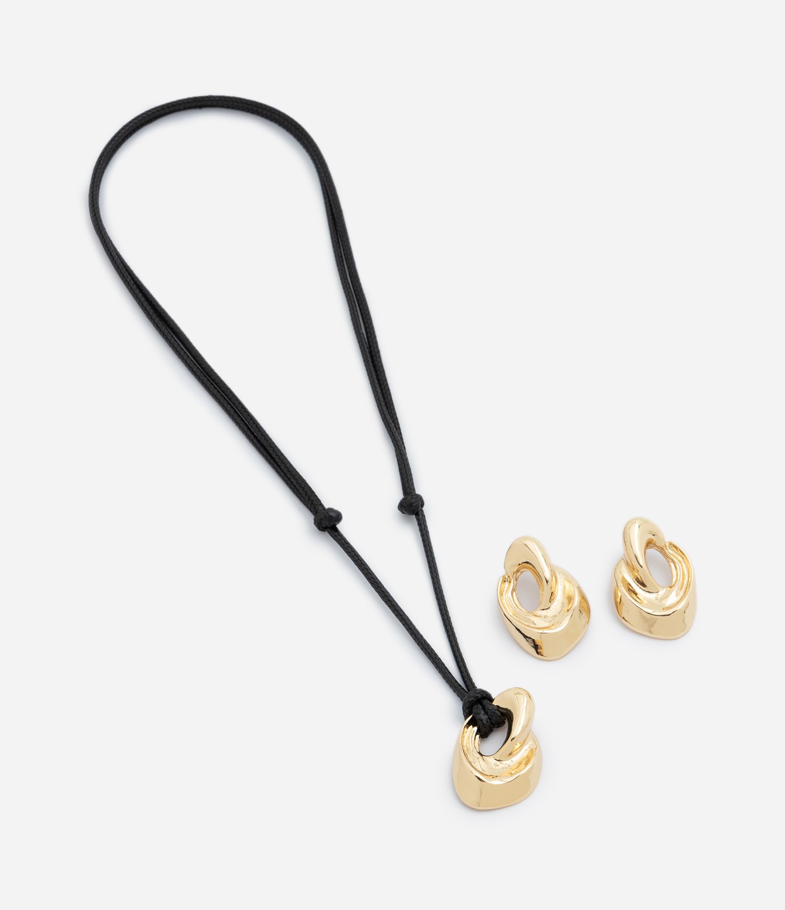 Conjunto de Colar com Corda Ajustável e Brincos com Pingente Orgânico Preto/Dourado 3