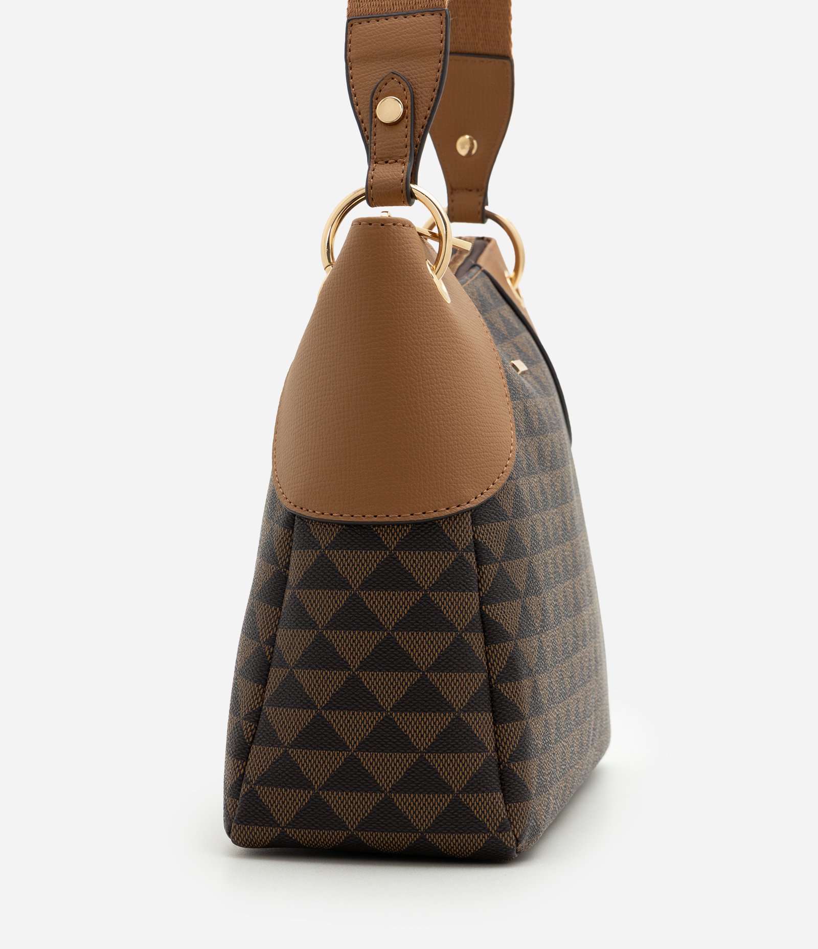 Bolsa Grande em PU com Estampa Triângulos Marrom 3