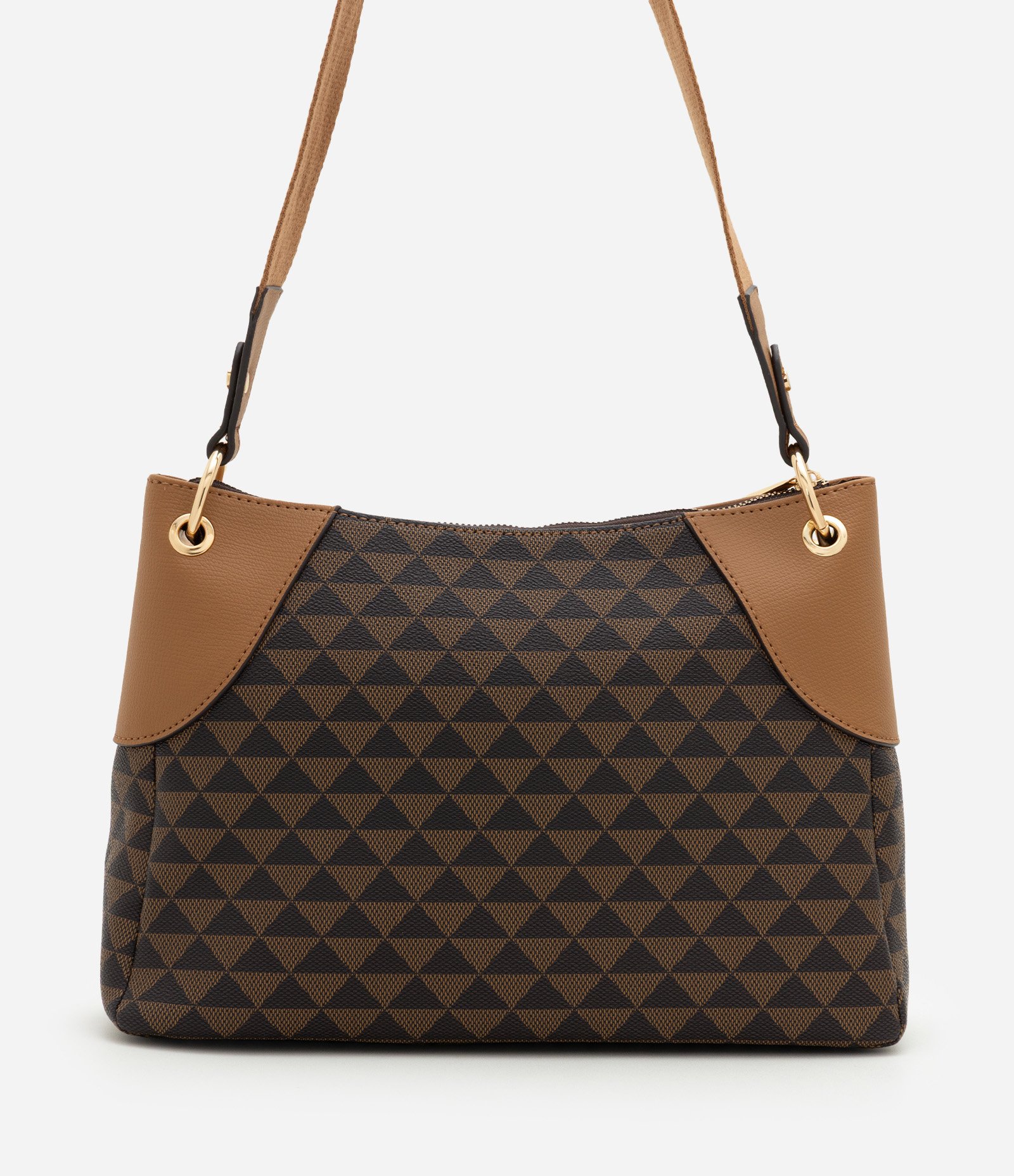 Bolsa Grande em PU com Estampa Triângulos Marrom 4