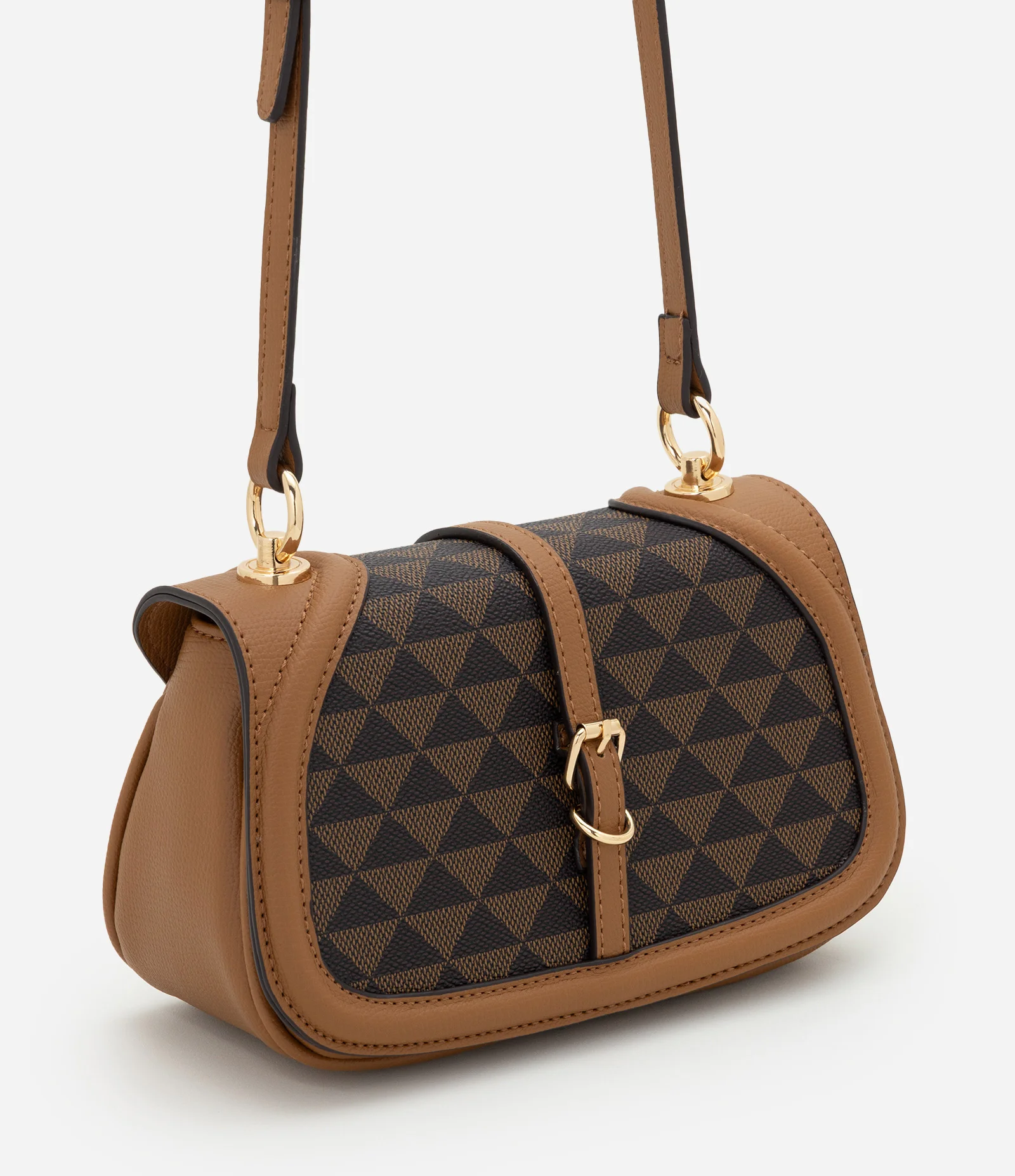 Bolsa Transversal Pequena em PU com Estampa Triângulos Marrom 2