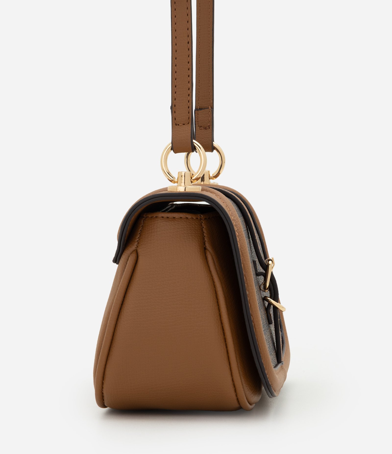 Bolsa Transversal Pequena em PU com Estampa Triângulos Marrom 3