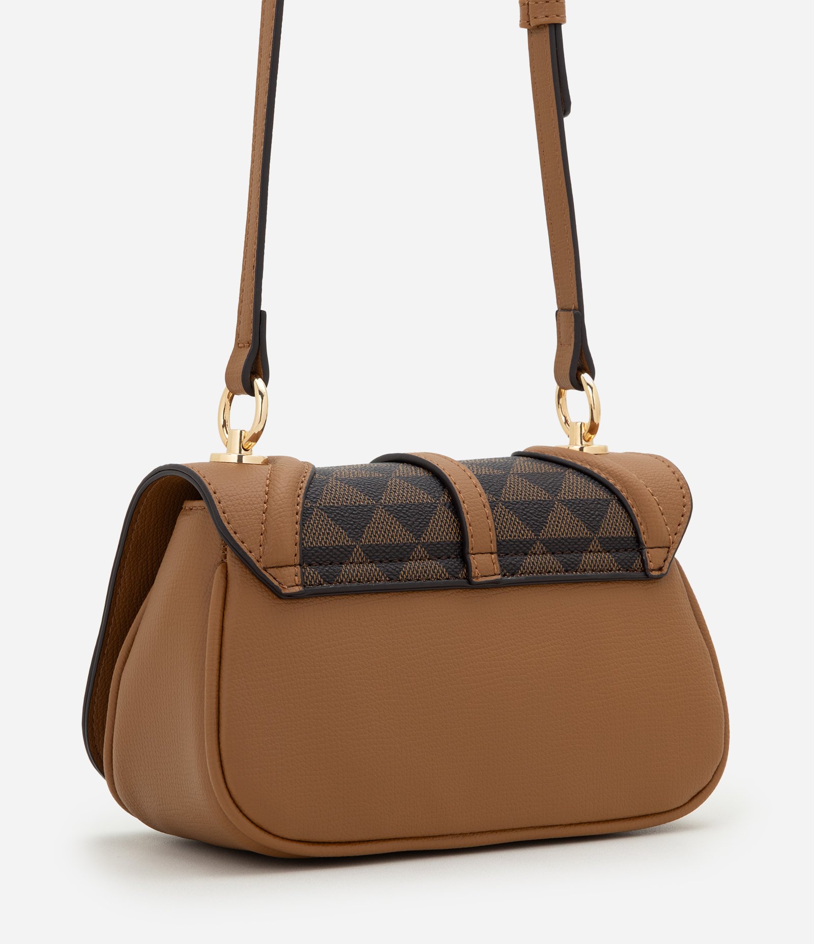 Bolsa Transversal Pequena em PU com Estampa Triângulos Marrom 4