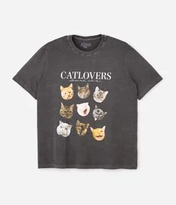 Camiseta Alongada em Meia Malha com Estampa Catlovers Curve & Plus Size