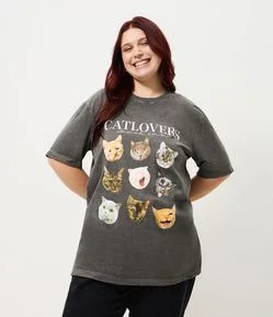Camiseta Alongada em Meia Malha com Estampa Catlovers Curve & Plus Size