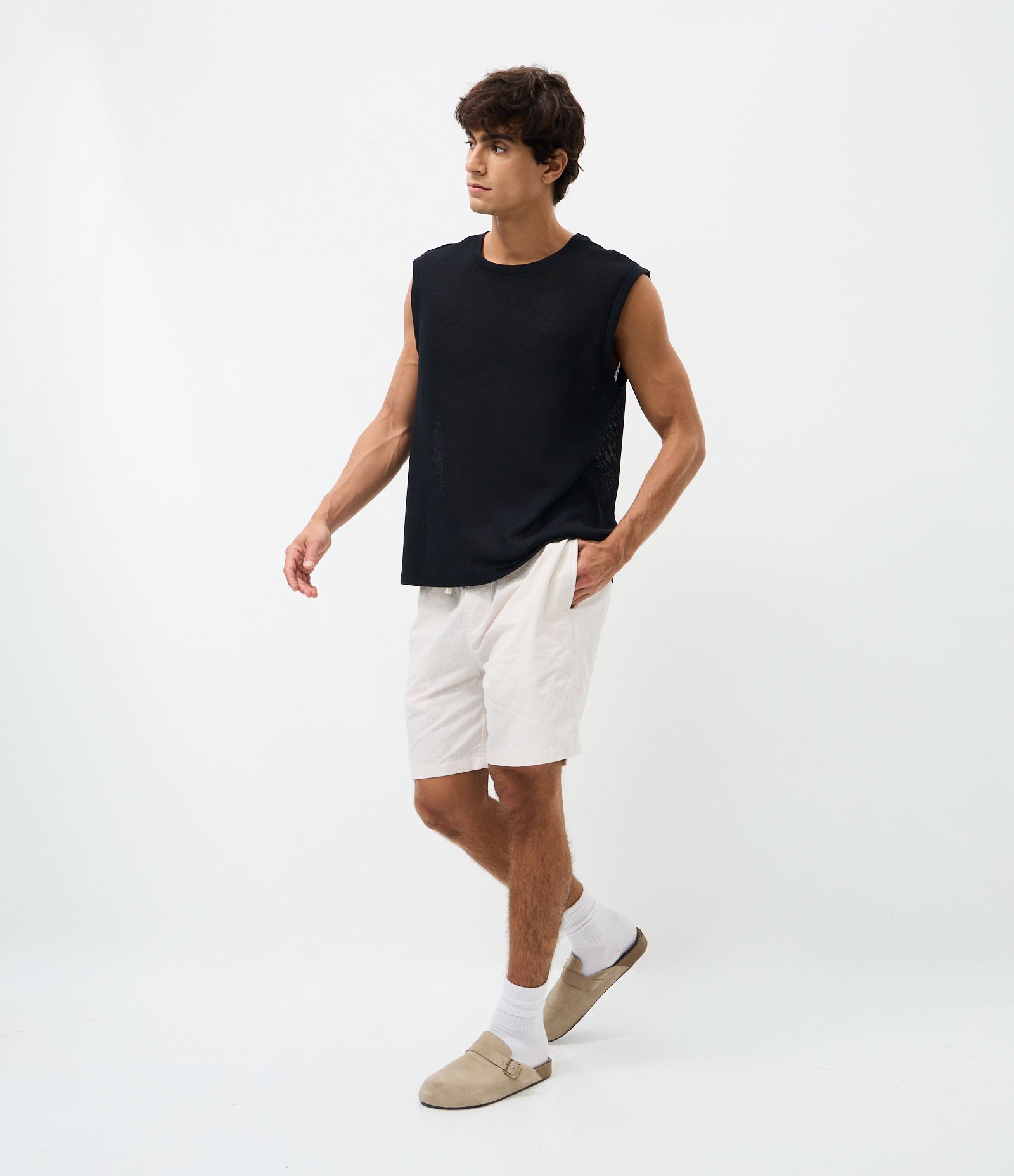 Bermuda Masculina Passeio Rajadinha com Cós Elástico Off White 3