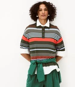 Blusa em Tricô com Gola Polo e Estampa Listrada