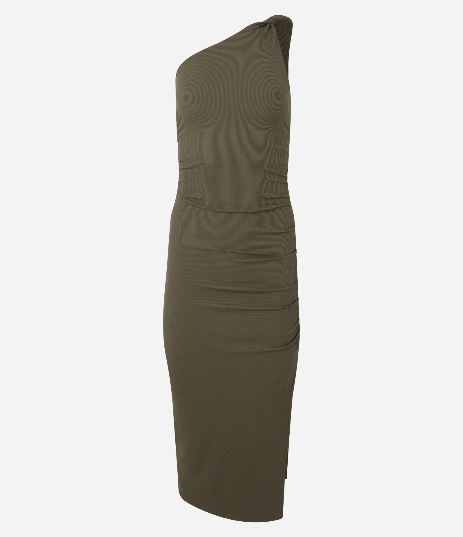 Vestido New Midi em Ribana Ombro Só com Franzido Lateral Verde Escuro 5