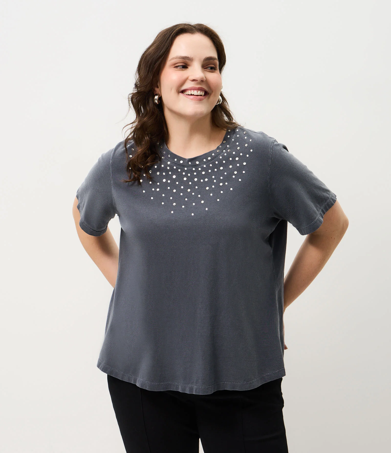 Blusa com Brilho na Gola Curve & Plus Size Cinza 1